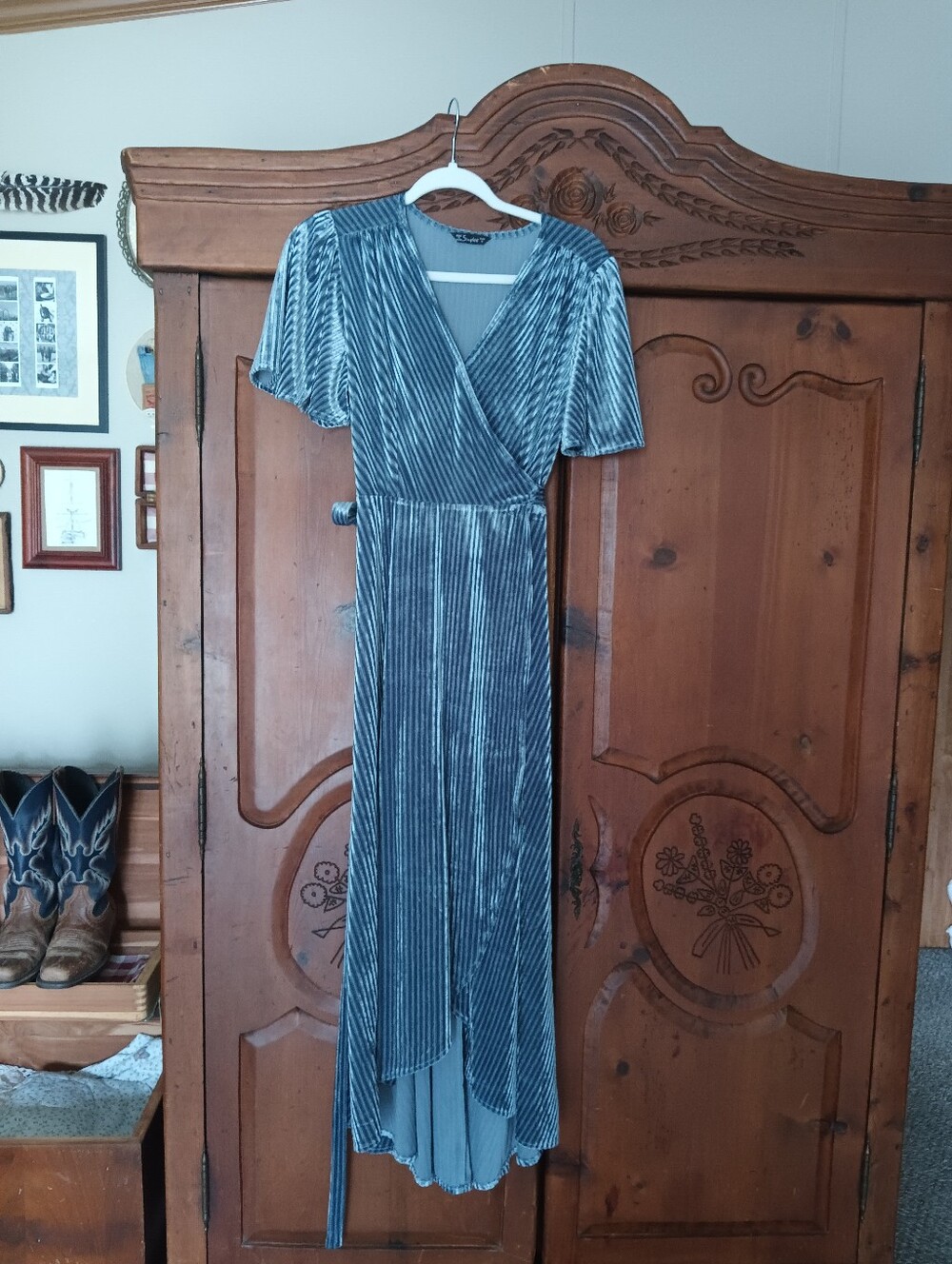 Simple Silver-Blue Velvet High-Low Wrap Dress